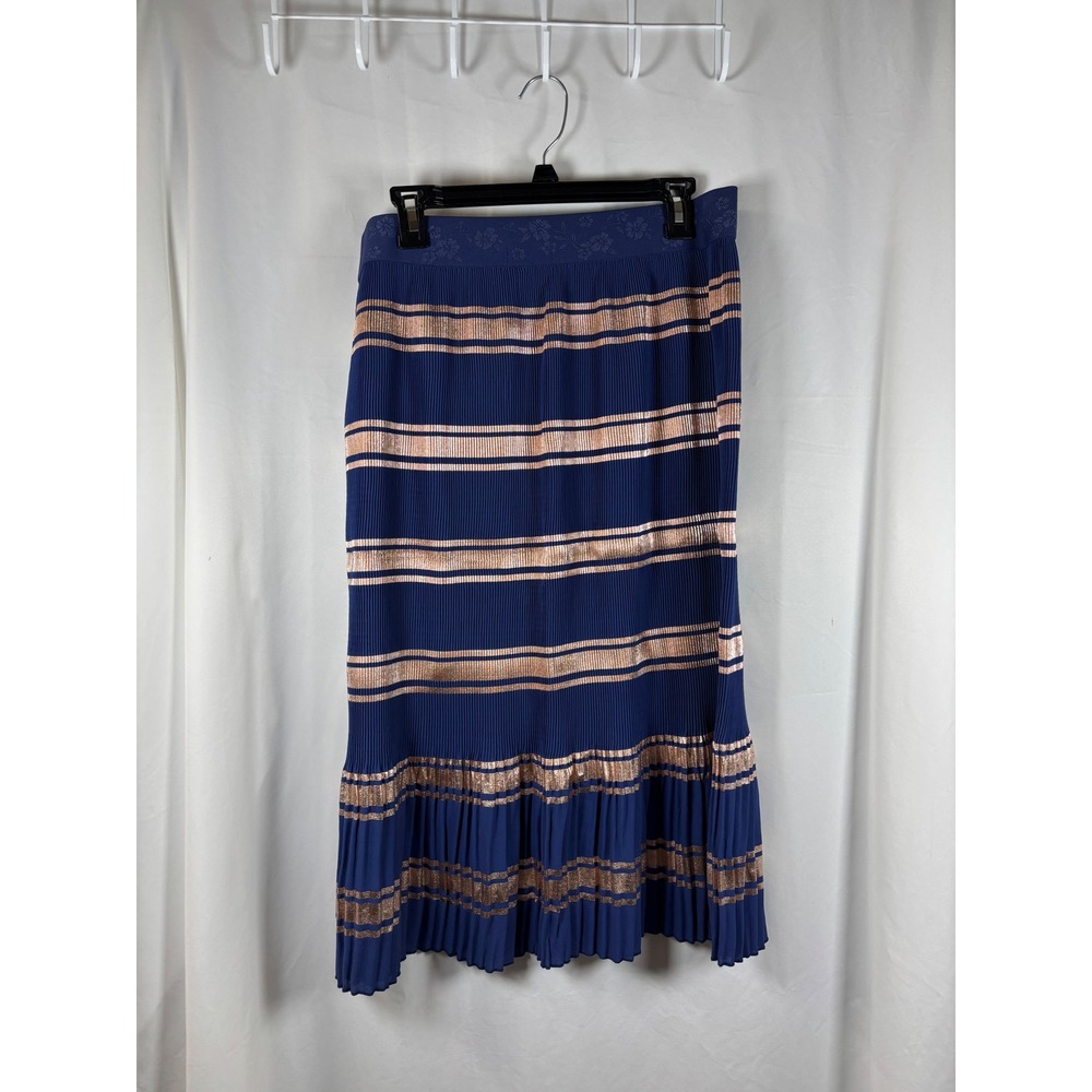 LuLaRoe‎ Jill Skirt Womens XL Navy Rose Gold Metallic Striped Pleated Midi New